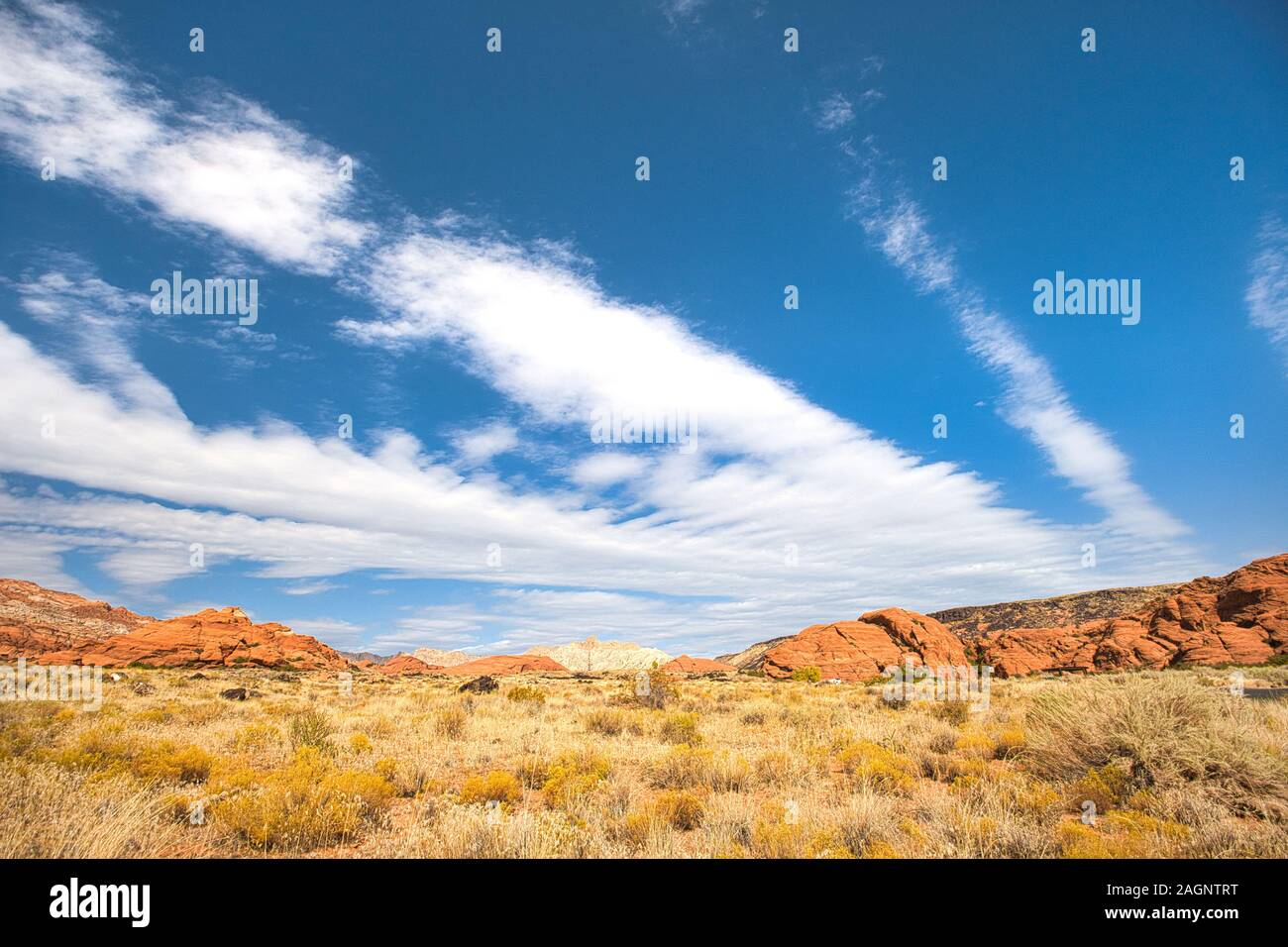 Snow Canyon State Park es un parque estatal de Utah, EE.UU., con un cañón tallado en la piedra arenisca de Navajo rojo y blanco en las montañas rojizas. Foto de stock