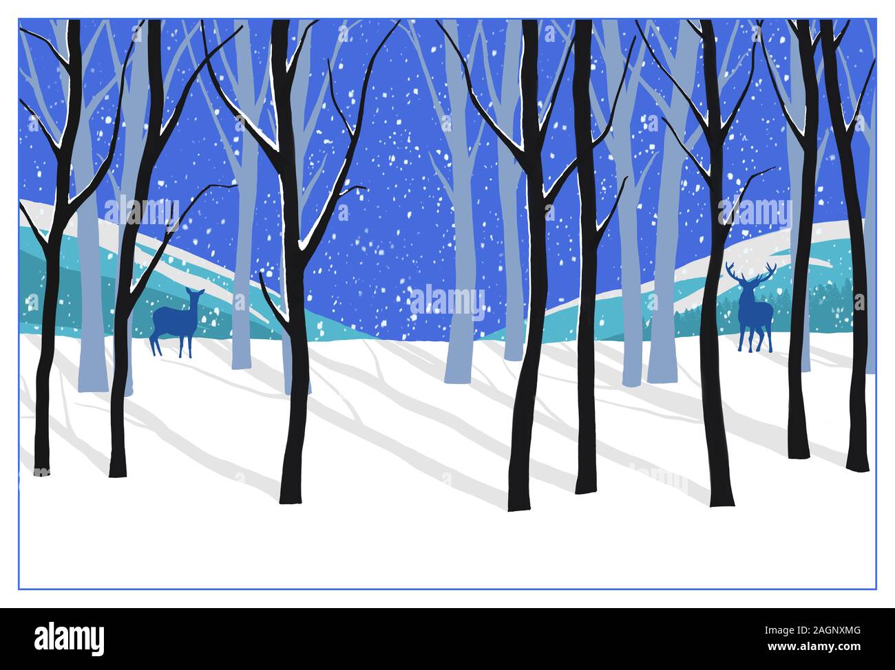 Una escena de invierno en el bosque con ciervos. Foto de stock