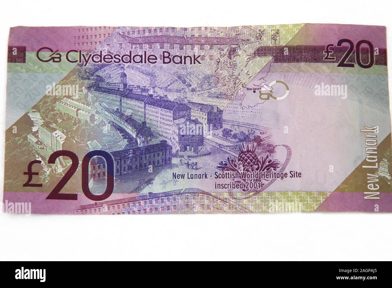 New Lanark en el reverso de Clydesdale Bank 20 libras nota Foto de stock