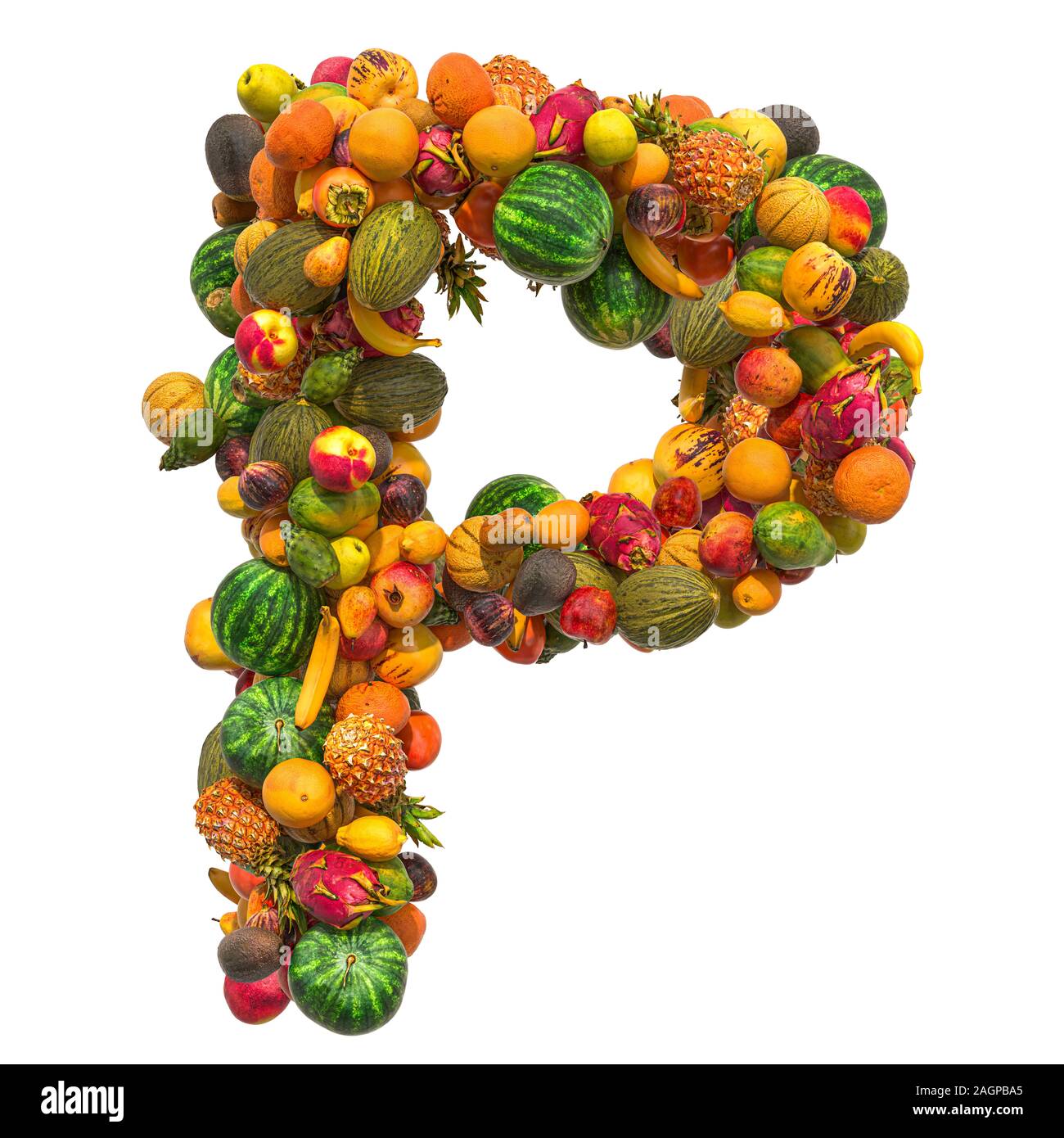 La letra P, fuente de fruta. 3D rendering aislado sobre fondo blanco
