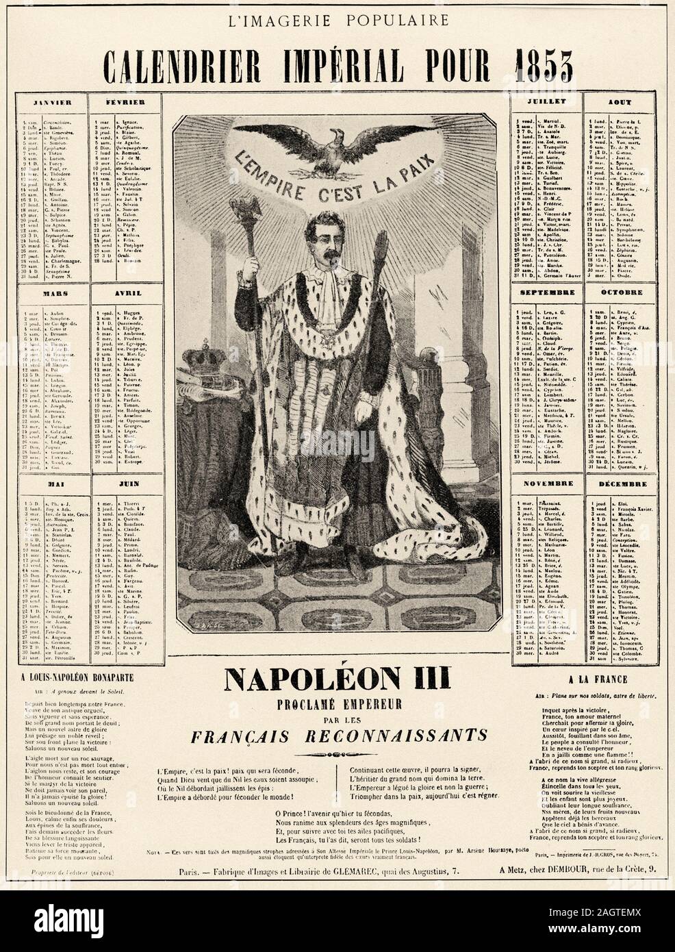 Calendario Imperial para 1853. Napoleón III se proclama emperador francés por el agradecido. La historia de Francia, antigua ilustración grabada la imagen del libro Hi Foto de stock