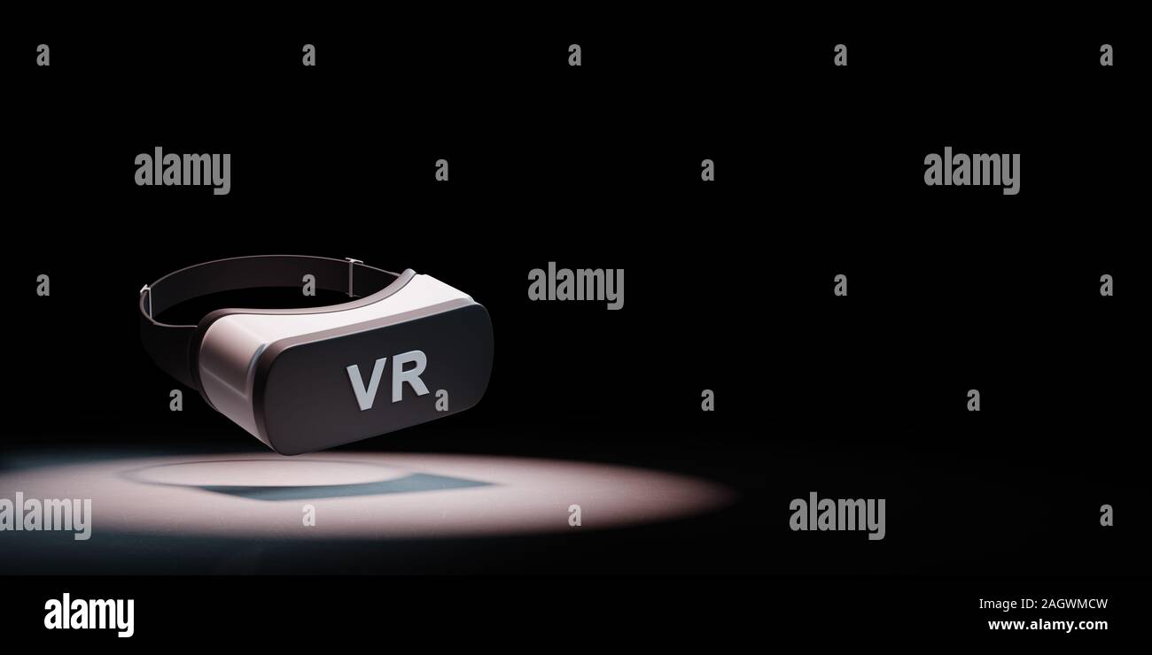 Blanco y negro casco de realidad virtual VR destacó sobre fondo negro con copia espacio Ilustración 3D Foto de stock