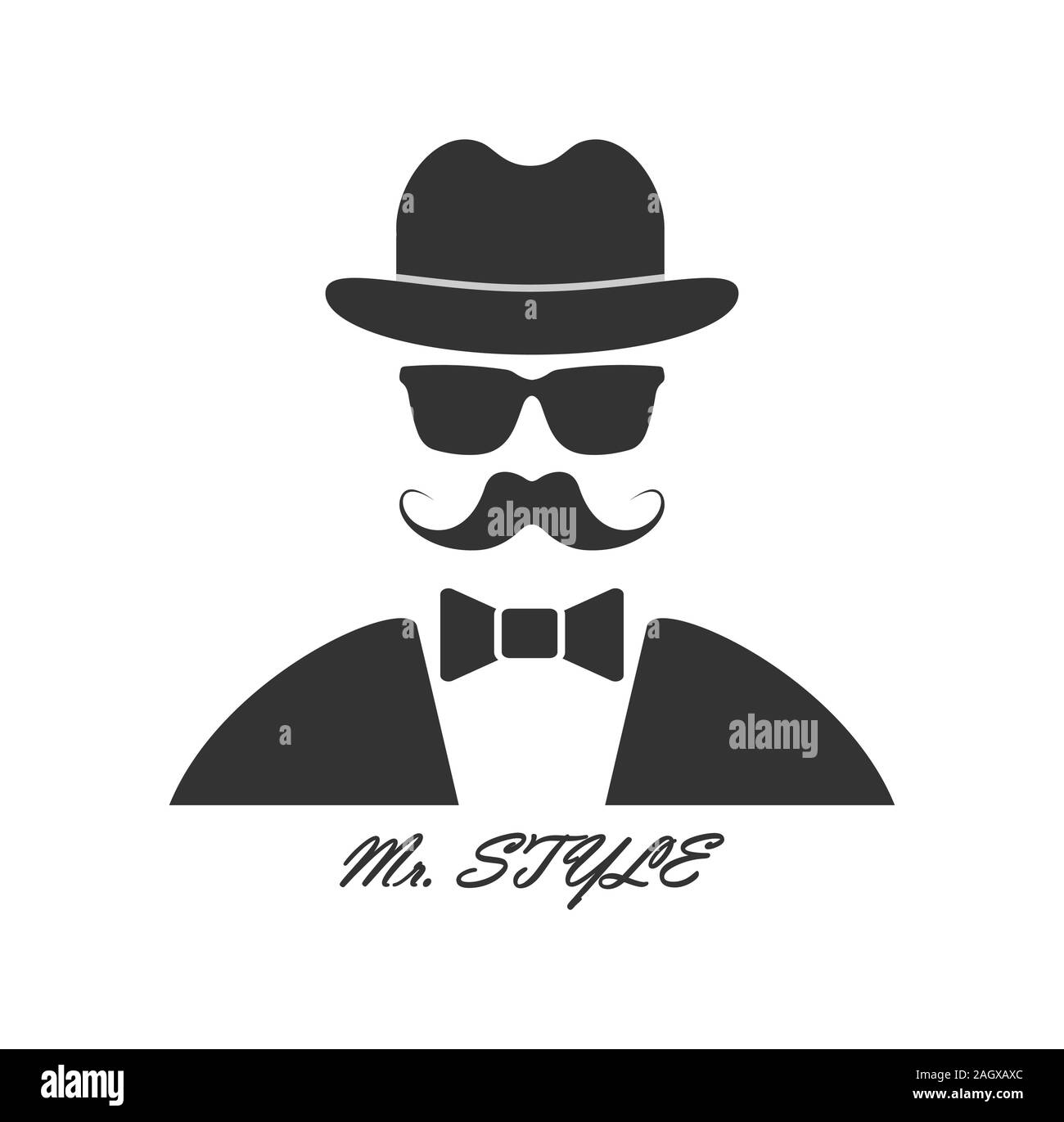 La marca de moda de hombres creativos. tailcoat con pajarita, sombrero y  bigote con gafas. Aislado sobre fondo blanco. Estilo plano Imagen Vector de  stock - Alamy