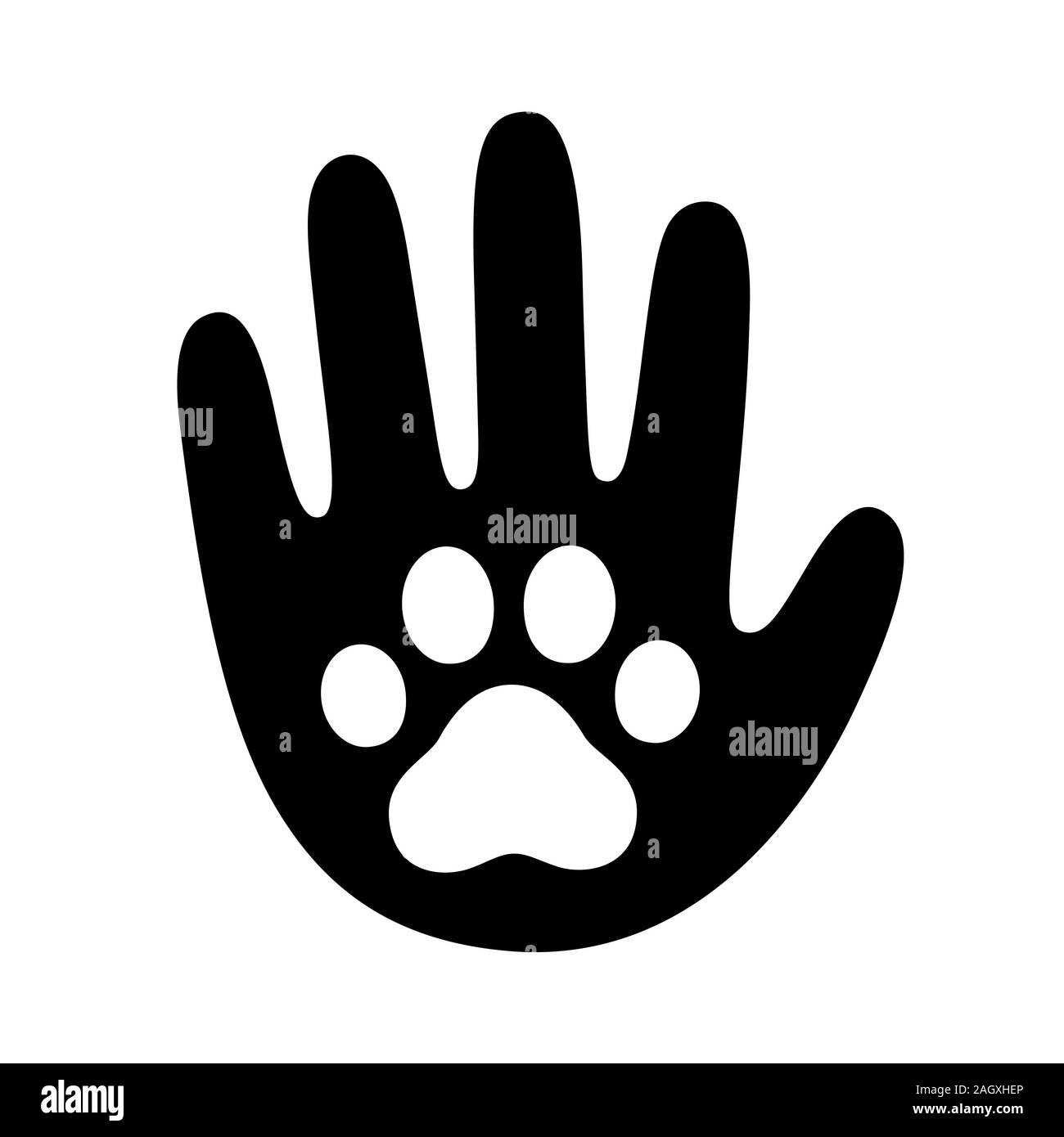 La palma de la mano humana con el perro o gato huellas símbolo. Atención  Veterinaria Mascotas, refugio de adopción animal o elemento de diseño del  logotipo de la caridad. Mano vector malos