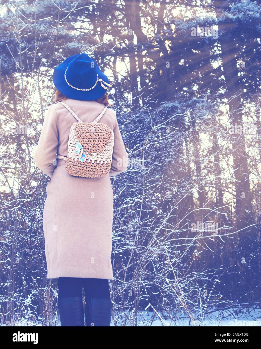 Mujer Elegante En Ropa De Invierno En Bosques Foto de archivo