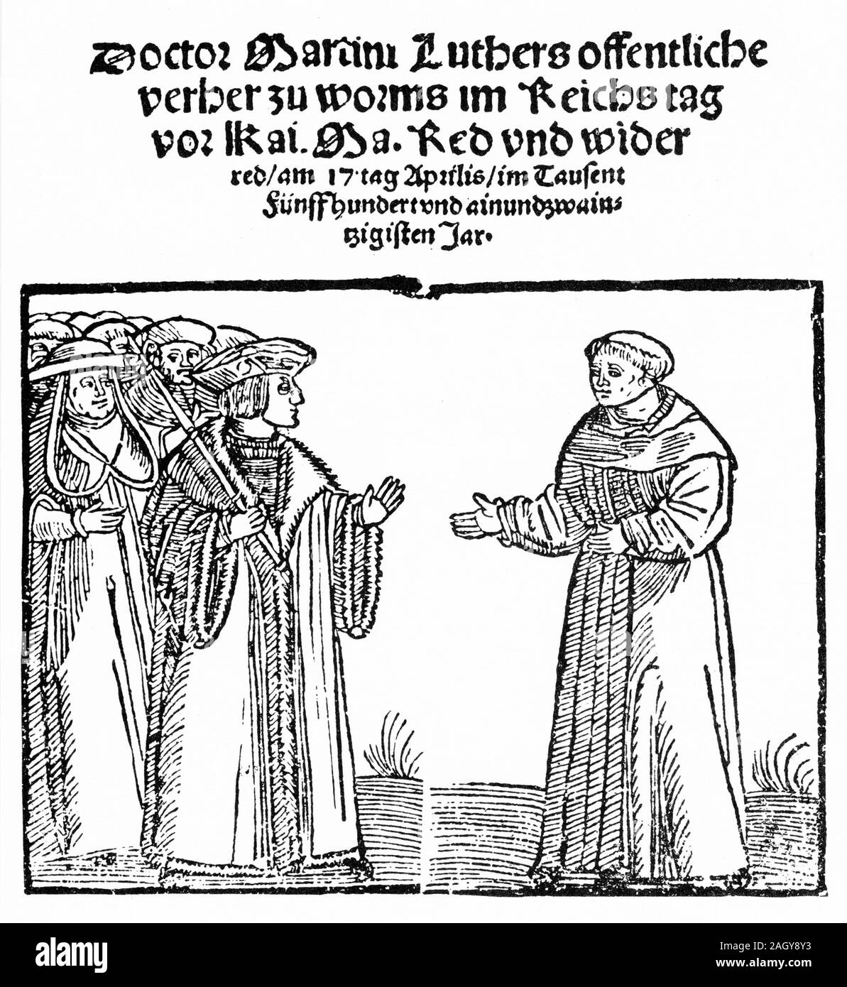 Grabado de Martín Lutero en Worms en 1521, donde fue a dar cuenta de sus enseñanzas heréticas a la Iglesia Católica. Foto de stock