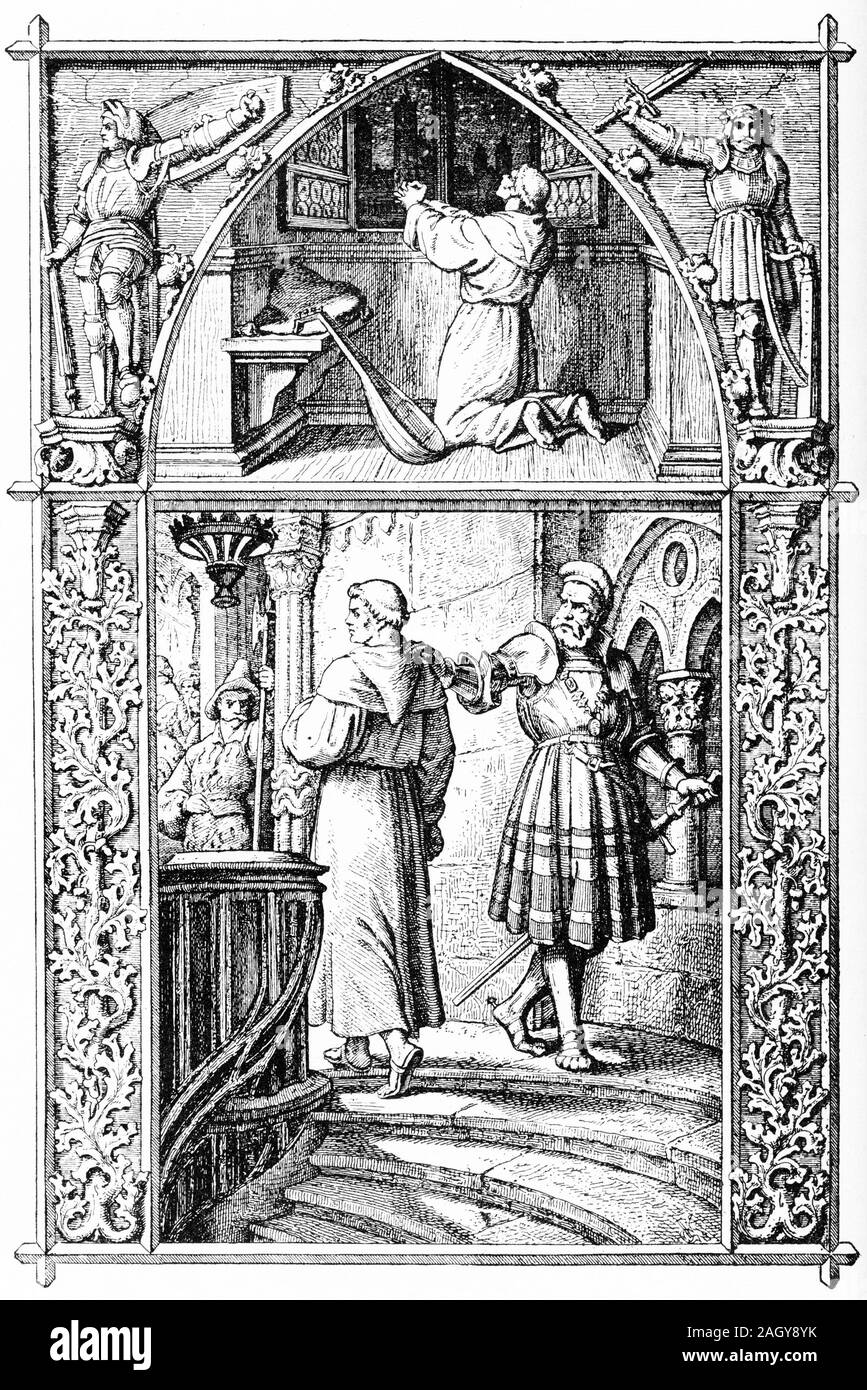 Grabado de Martín Lutero en Worms en 1521, donde fue a dar cuenta de sus enseñanzas heréticas a la Iglesia Católica. Foto de stock