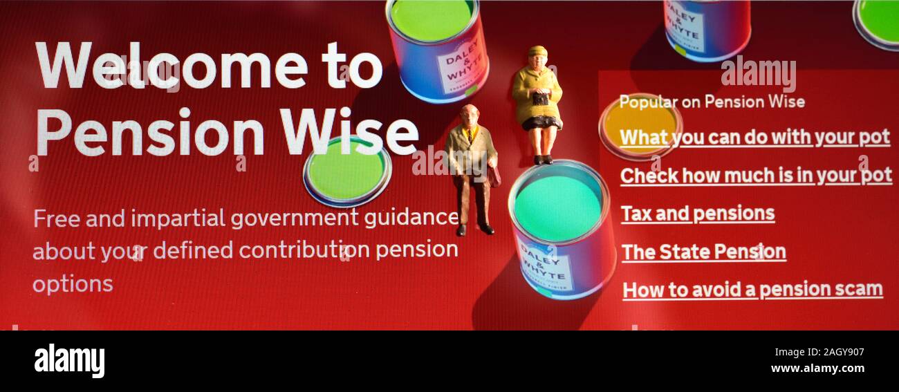 Pensión una página web gratuita sabia orientación gubernamental imparcial sobre la pensión opciones con figuras en miniatura Foto de stock