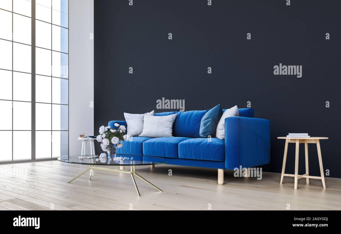 Modelo de pared con royal sofá azul de fondo en un interior moderno, salón, estilo escandinavo, 3D, 3D Render ilustración Foto de stock