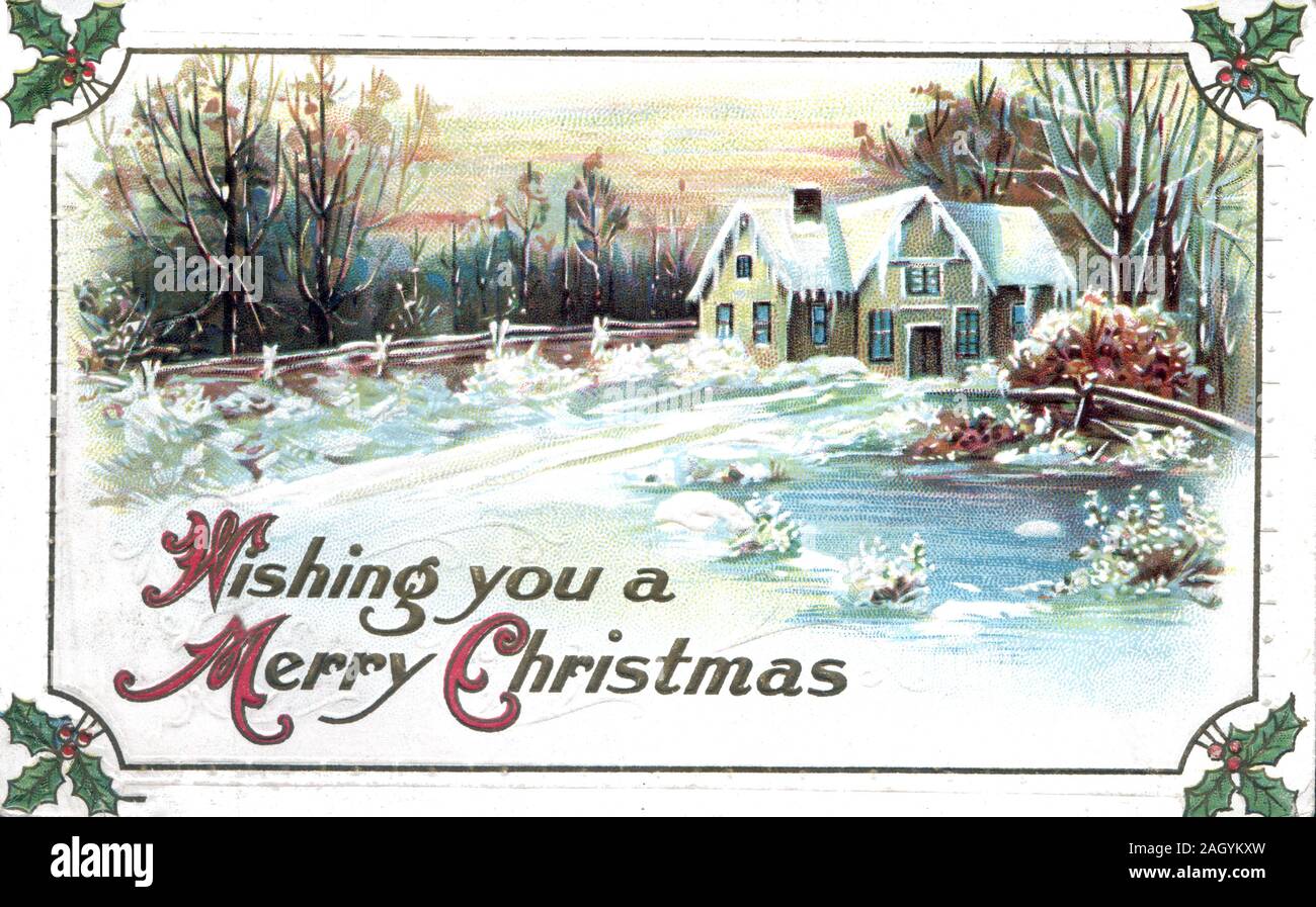 Vintage postales, tarjetas de felicitación de antigüedades, Feliz Navidad, Casa sobre estanque dentro del bastidor, Holly en las esquinas. Foto de stock