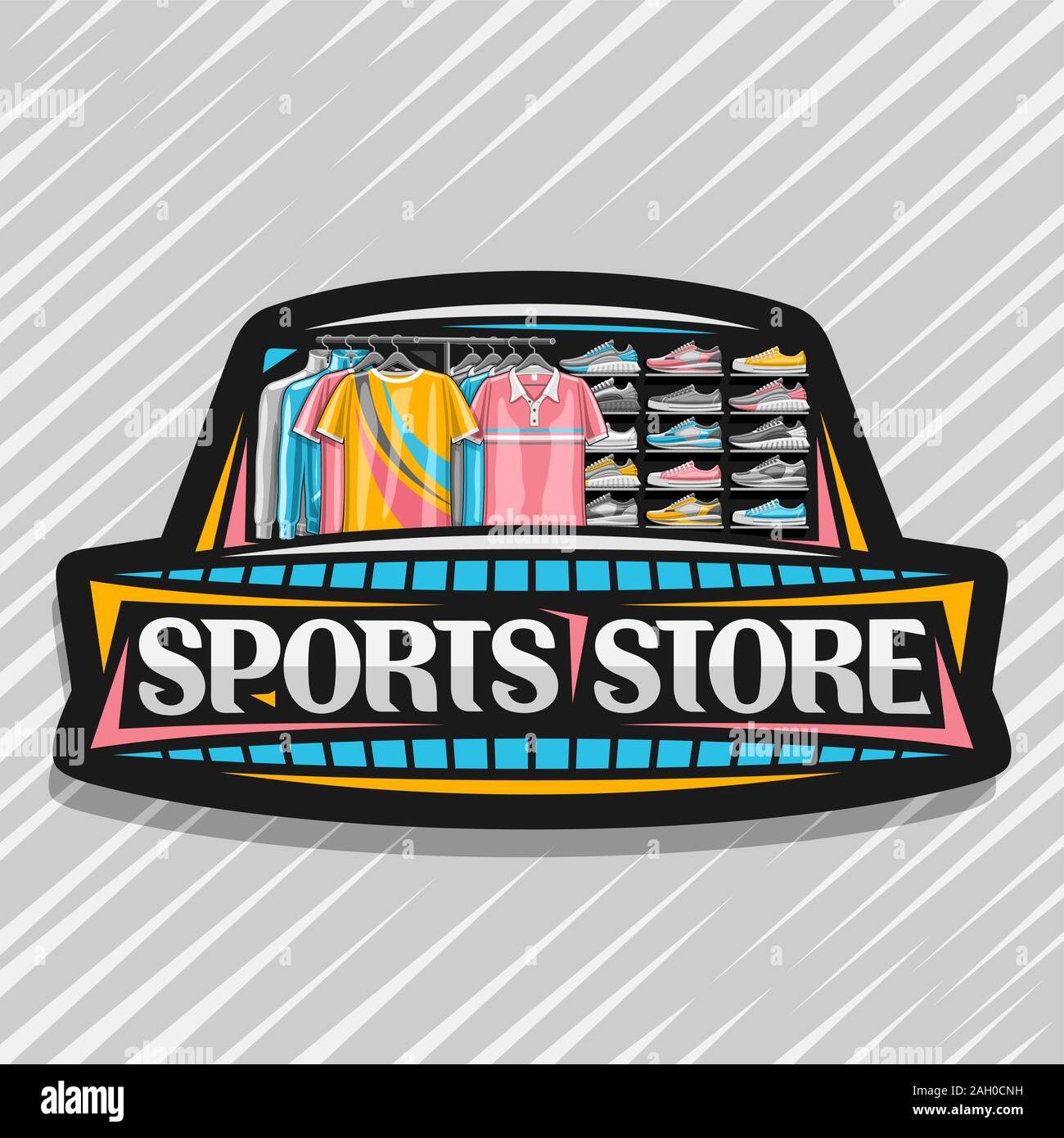 Vector logo para tienda de deportes, signo decorativo negro junta con la  ilustración moderna de calzado deportivo y ropa de moda nueva en rack en  una fila por actividad Imagen Vector de