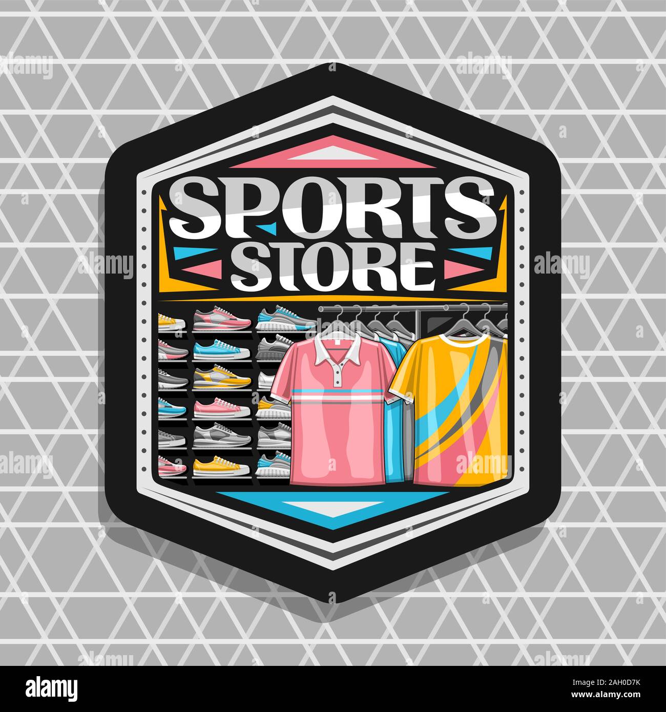 Vector logo para tienda de deportes, hexágono negro letrero con la  ilustración moderna de calzado deportivo y ropa de moda nueva en rack en  una fila para la actividad Imagen Vector de