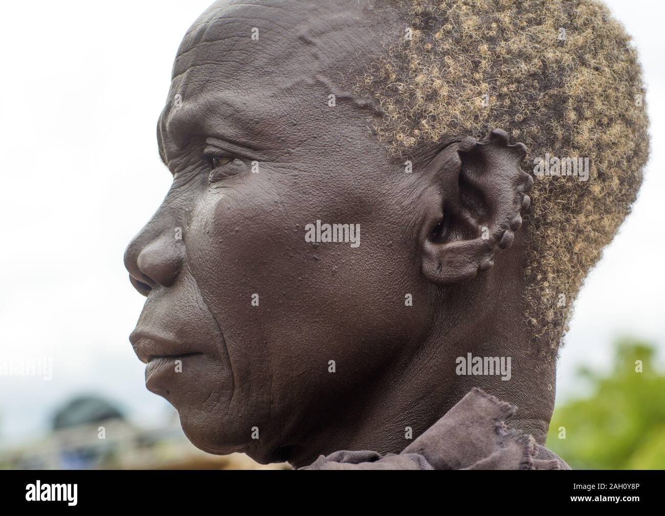 Tribu Lotuko anciana con las orejas cortadas en la misma manera que lo hacen a sus vacas como decoración, Ecuatoria central, sur de Sudán Illeu Foto de stock