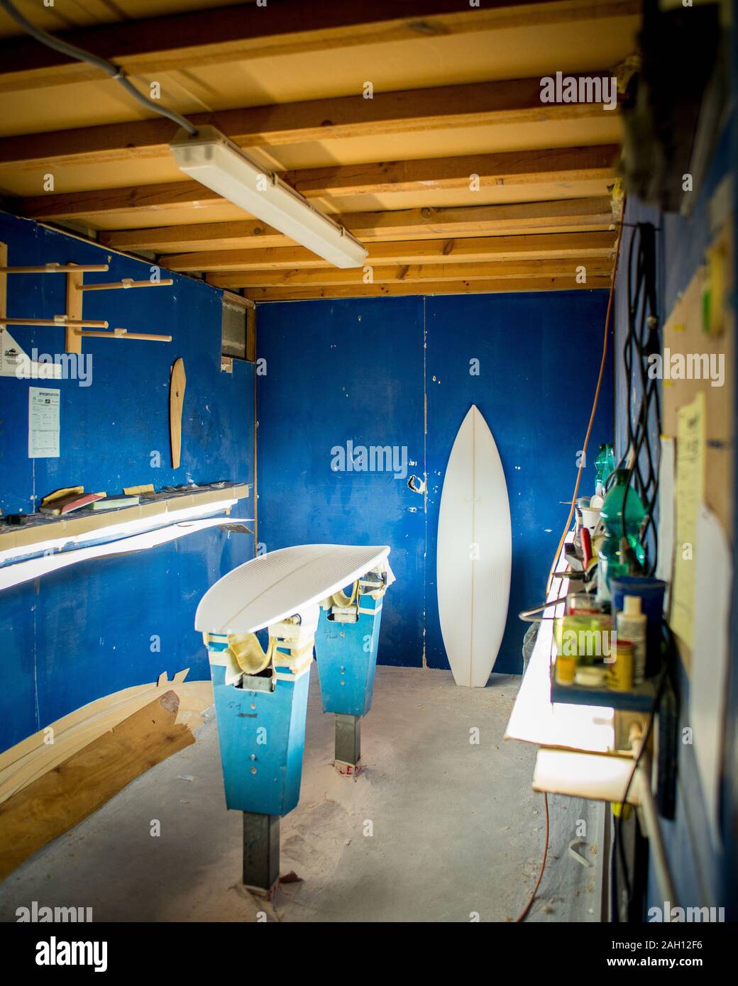 Las tablas de surf están hechas en una tienda con paredes azules y