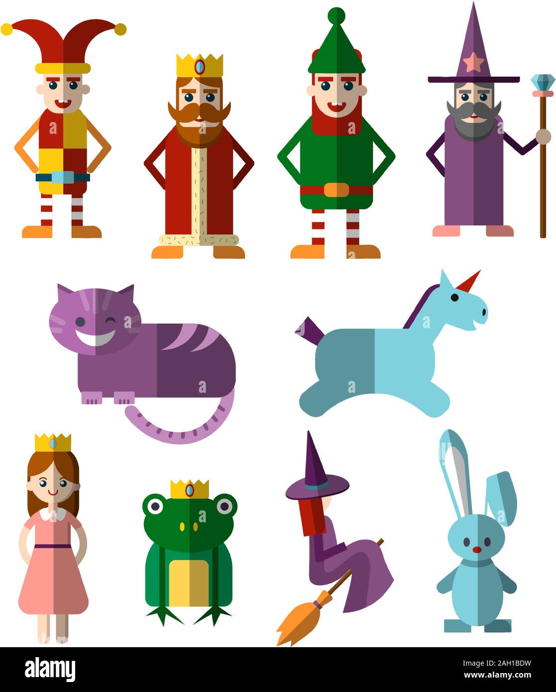 Vector plano conjunto de magia y fabulosos personajes de Halloween, las personas y los La princesa, rey mago y brujo con animales - Unicornio, gato, conejo Imagen Vector de stock -