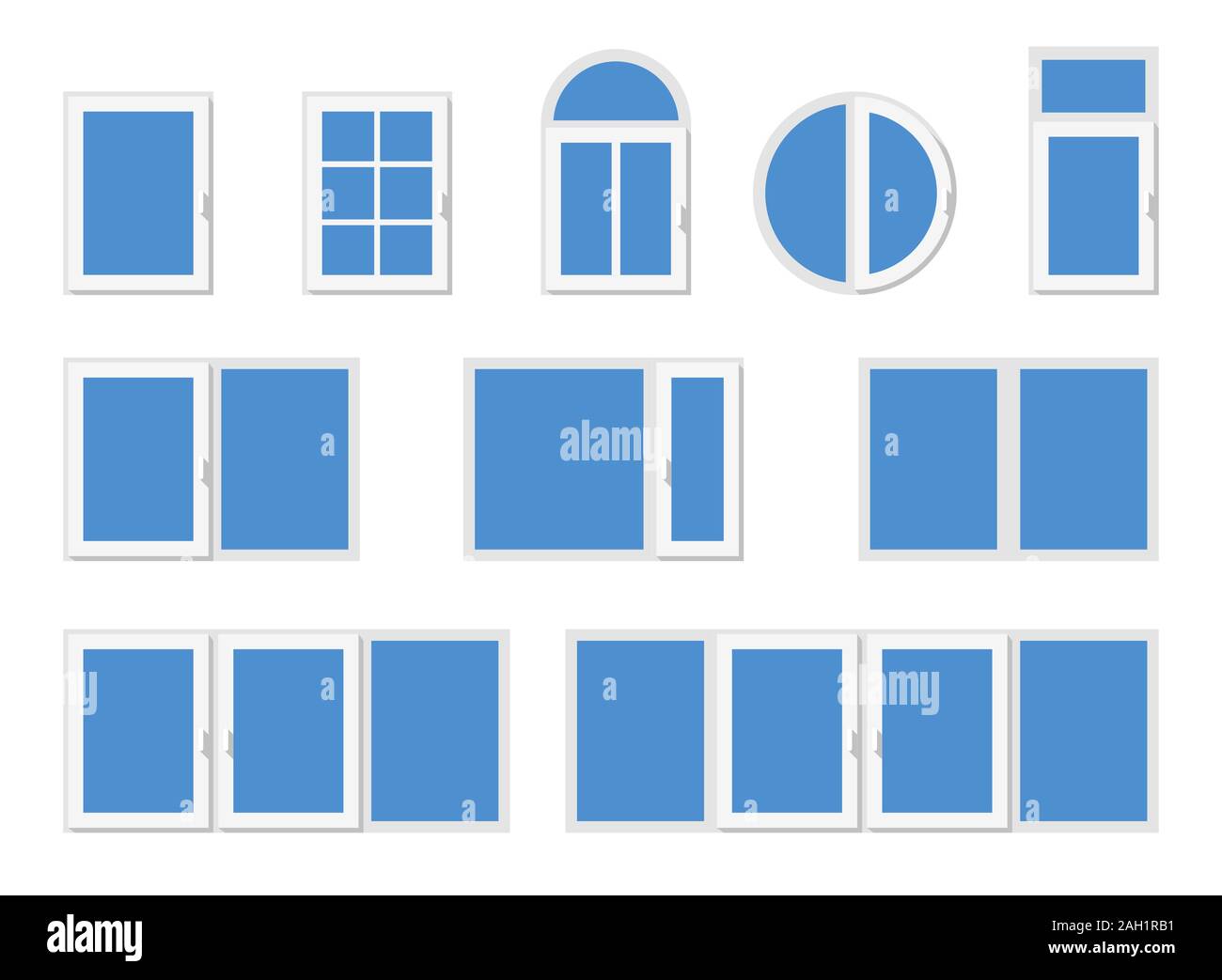 Ventanas con marcos blancos. Conjunto de ventanas modernas de diseño diferente. Ilustración del Vector