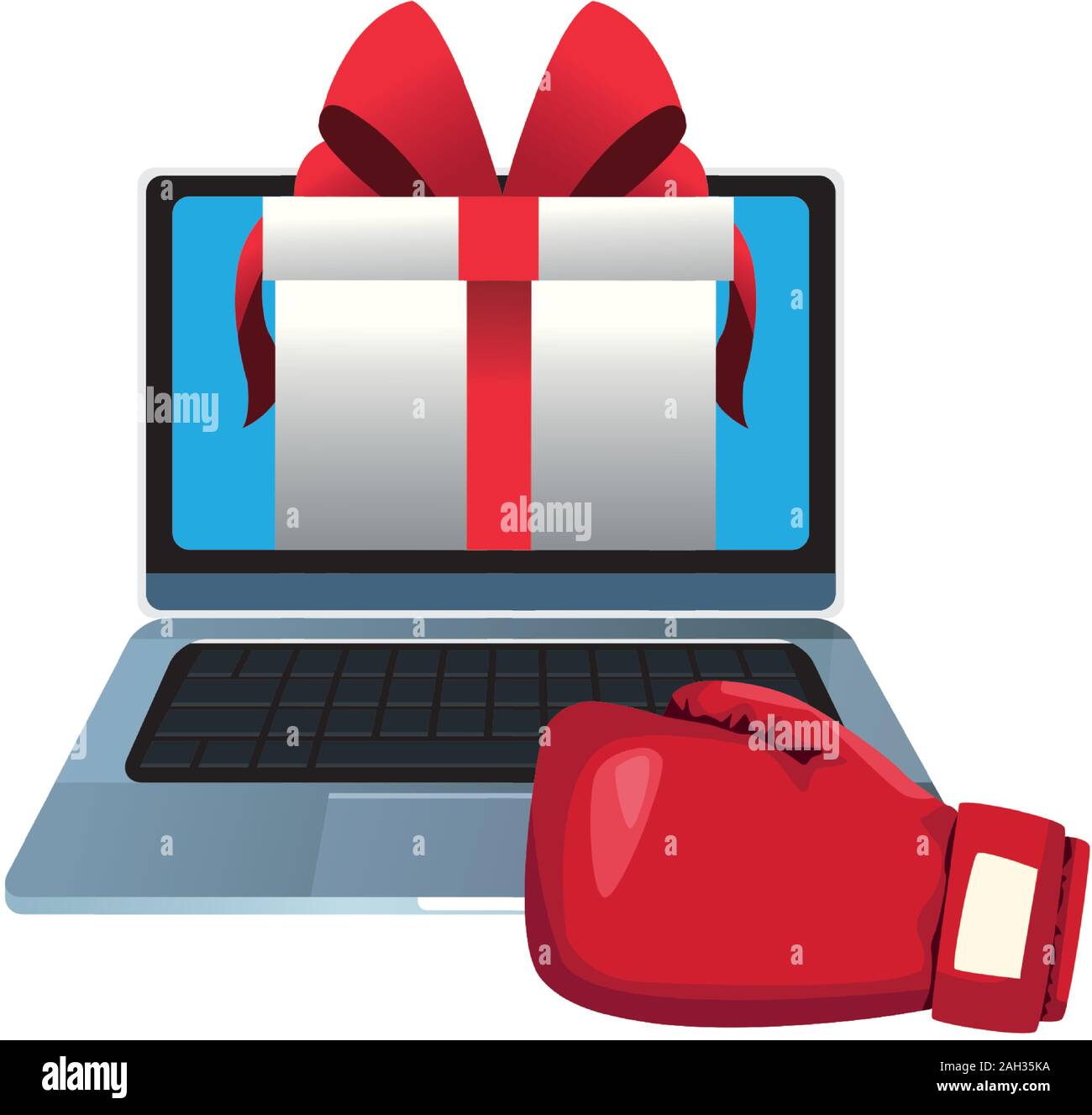 Ordenador portátil con caja de regalo y guante de boxeo, un diseño colorido  Imagen Vector de stock - Alamy