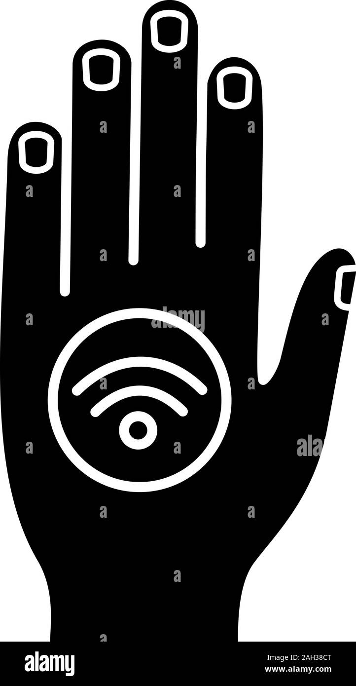 Pegatina NFC en mano icono de glifos. Near Field Communication