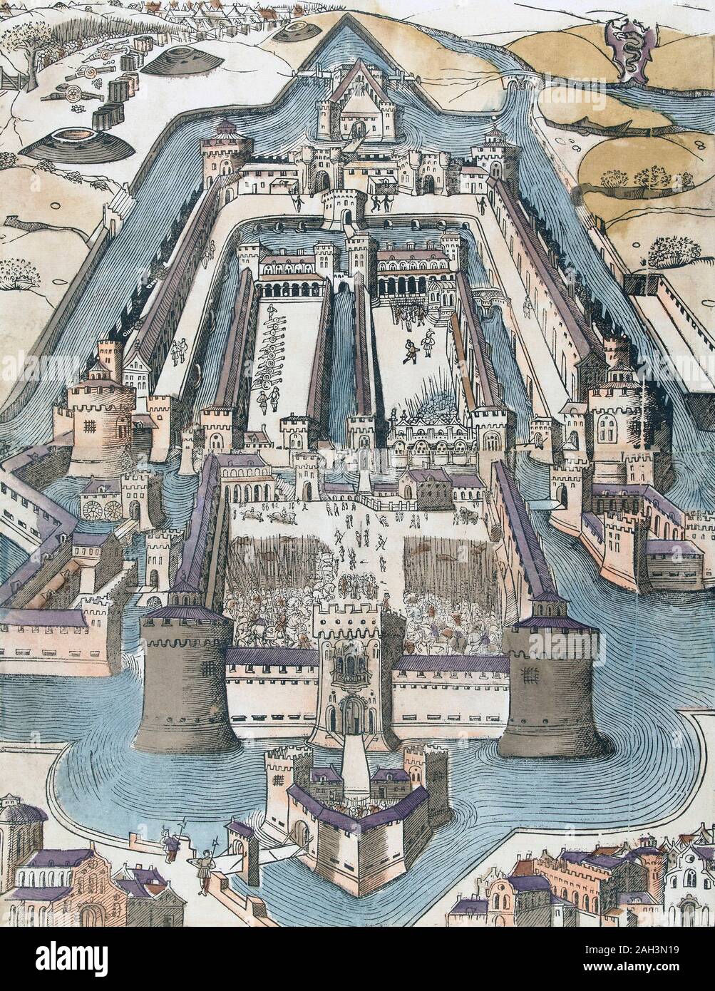 Vista elevada del castillo Sforza, en Milán, Italia. Tras un anónimo siglo xvi imprimir. Posteriormente coloreado. Foto de stock