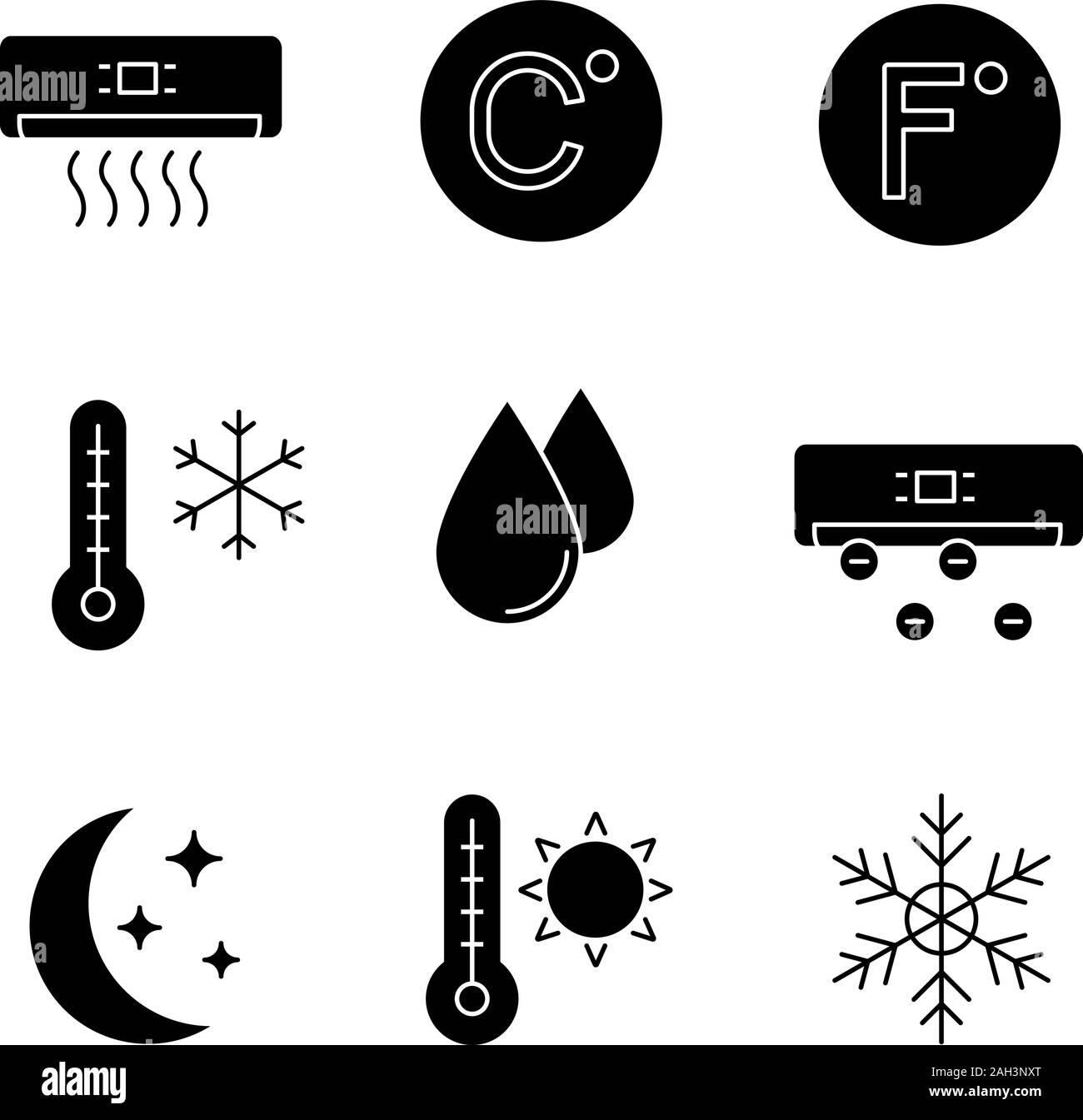 Aire acondicionado glifo conjunto de iconos. Acondicionador, Celsius,  Fahrenheit, temperatura de invierno y de verano, la gota de agua,  ionizador, modo nocturno, un copo de nieve. Silhoue Imagen Vector de stock -