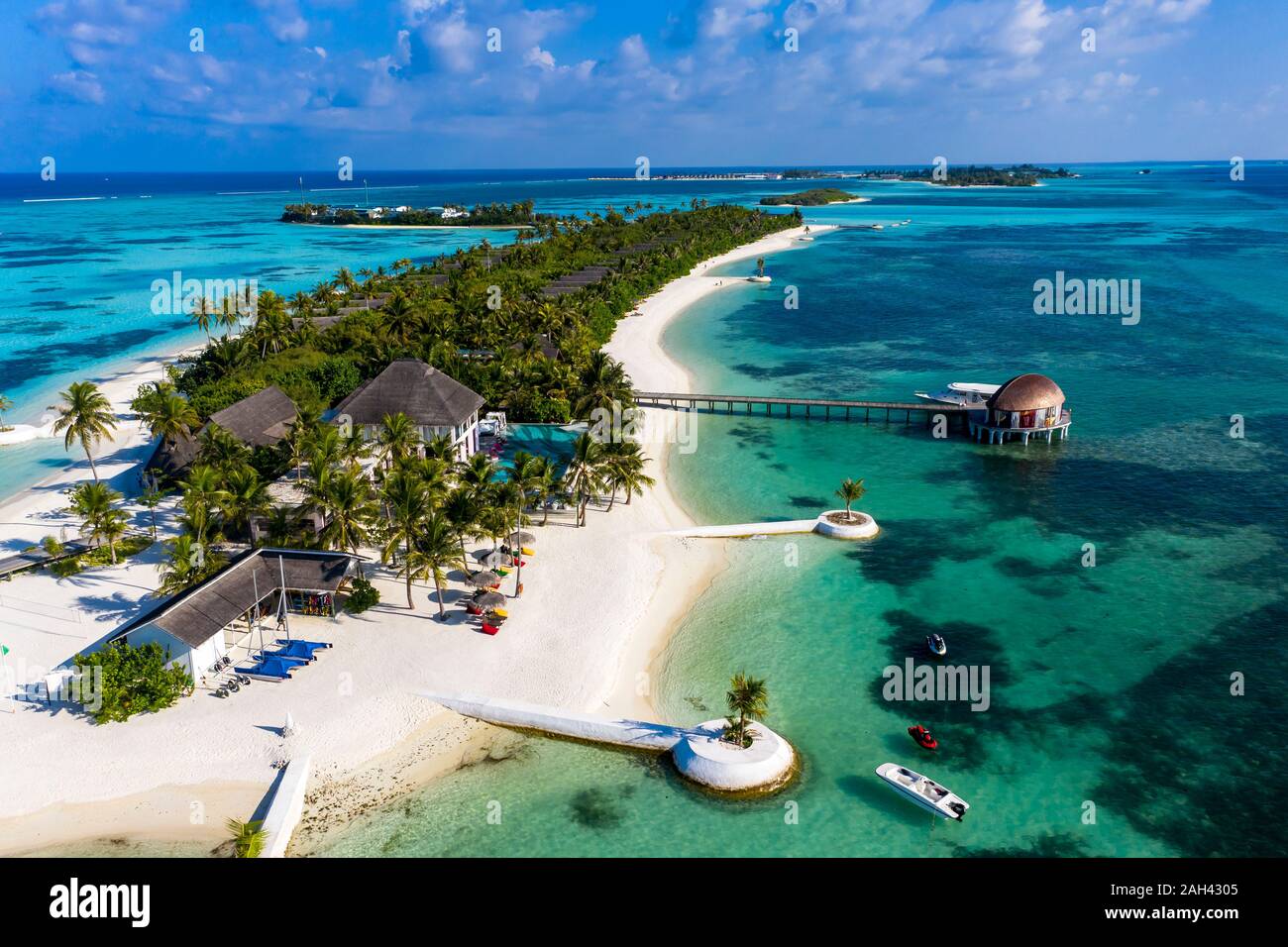 Maldives, South Male Atoll, vista aérea del complejo en Maadhoo Foto de stock