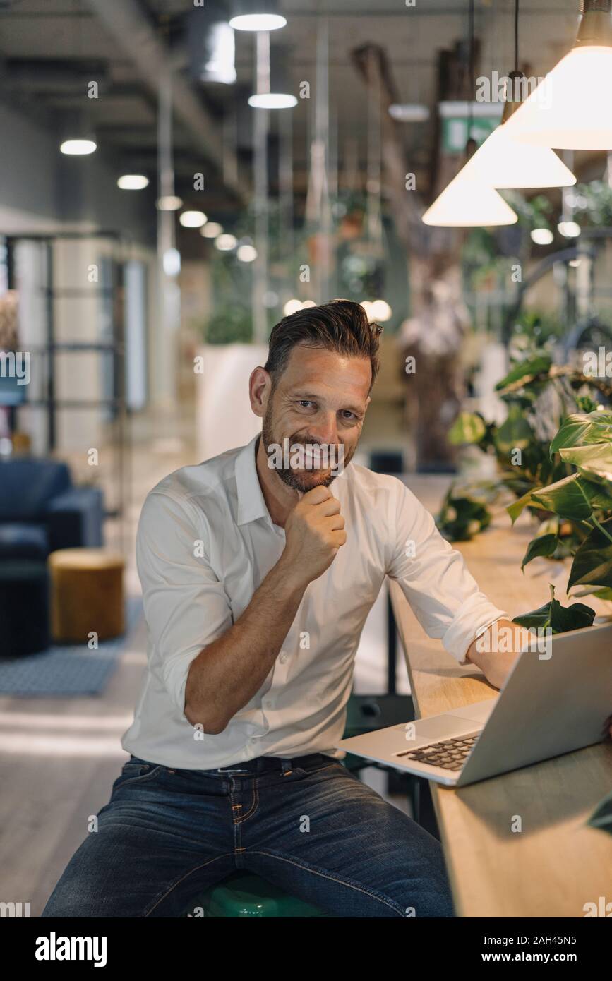 Retrato de sonriente empresario maduros usando el portátil en el salón moderno de oficina Foto de stock
