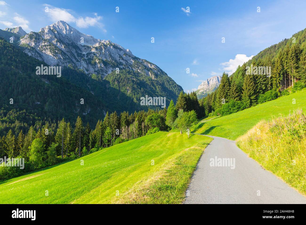 Austria, Carintia, vista escénica de Gailtaler Polinik y vacío hillside road en verano Foto de stock