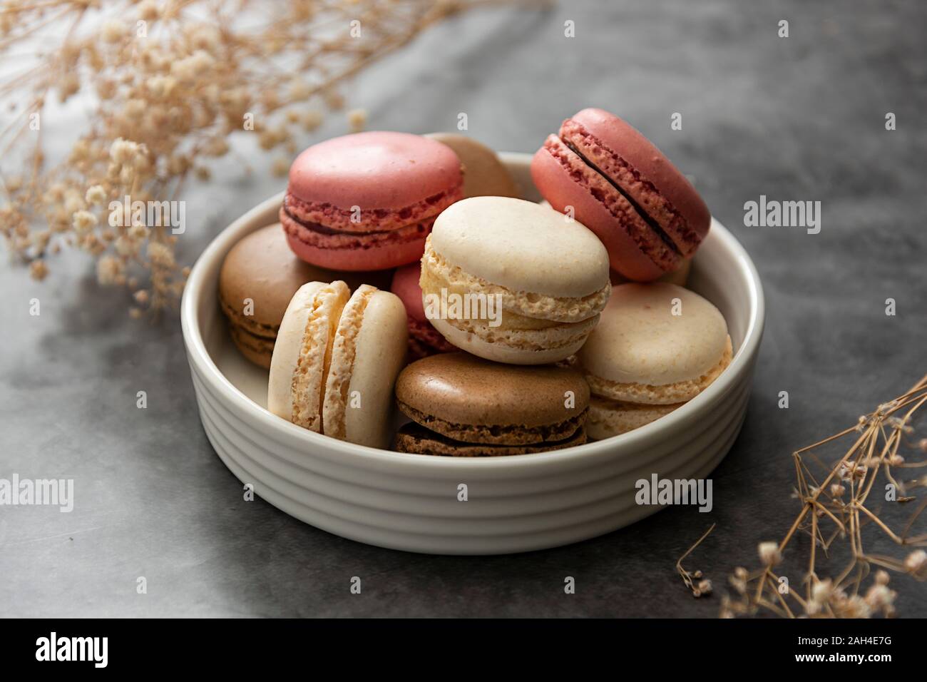 Francés macaron tartas en una placa de cerca. Crema, marrón, rosado, macarons con espacio de copia. Foto de stock