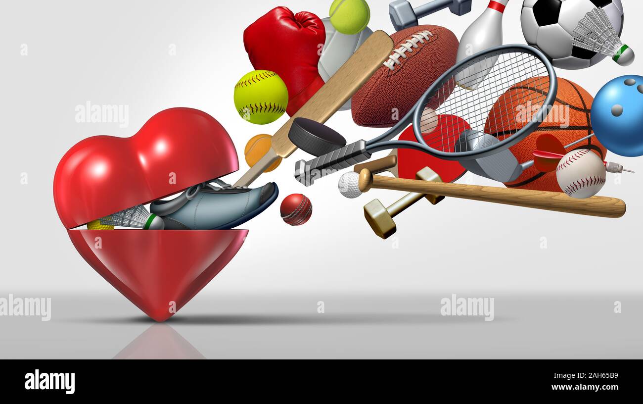 Deportes corazón saludable con ejercicio equipamiento deportivo como un símbolo de vida activa para un adecuado estilo de vida, como un médico de salud y fitness y wellness. Foto de stock