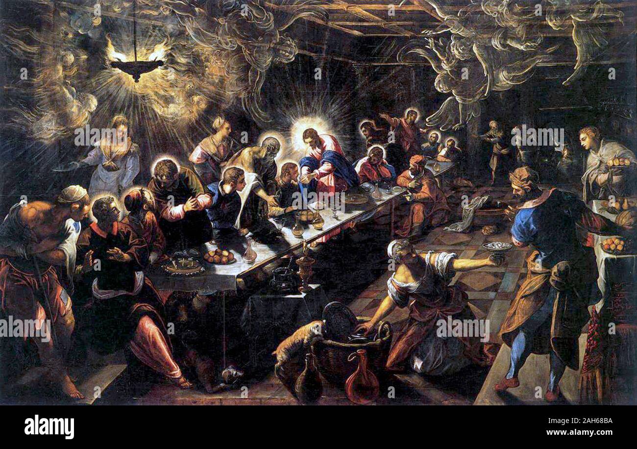 La Última Cena (1594) de Jacopo Tintoretto Foto de stock