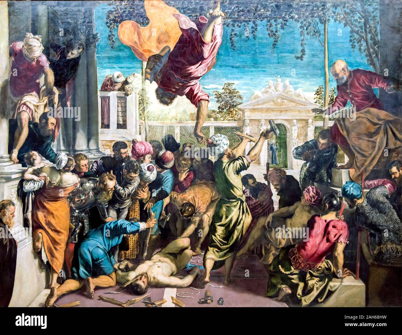 Accademia - Milagro del esclavo de Tintoretto, el milagro del esclavo (también conocido como El milagro de San Marcos, 1548), un cuadro pintado por el artista renacentista italiano Jacopo Tintoretto. Retrata un episodio de la vida de San Marcos, Patrono de Venecia, tomado de Jacopo da Varazze la Leyenda dorada. La escena muestra, en la parte superior, el saint de intervenir para hacer invulnerable un esclavo a punto de ser martirizado por su venera Foto de stock