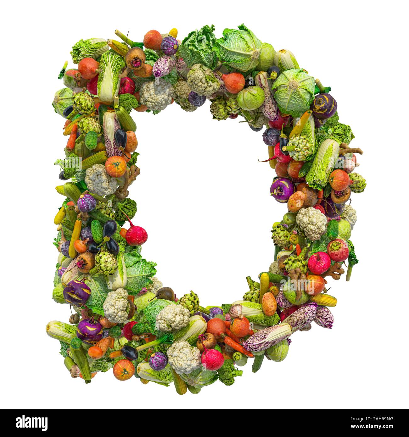 Letra D, verduras fuente. 3D rendering aislado sobre fondo blanco