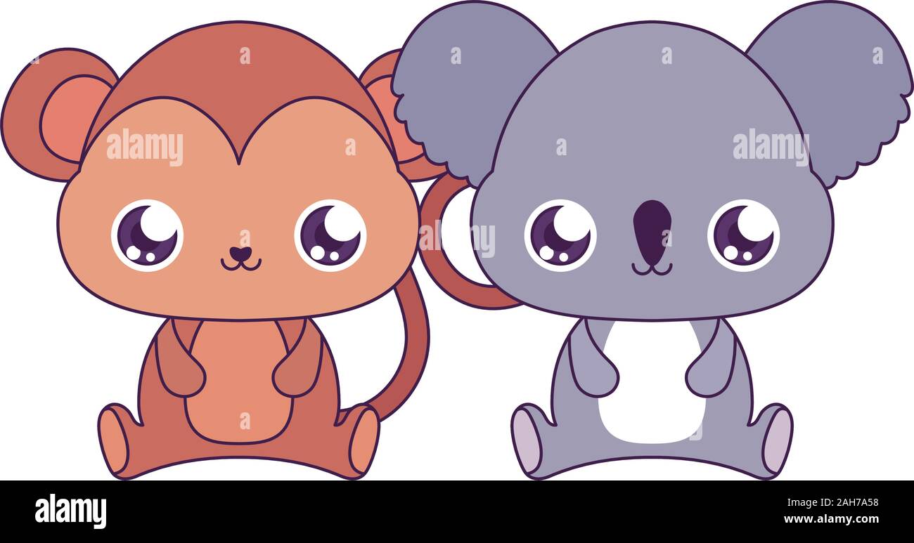 Los monos y los koalas dibujos animados diseño, Kawaii expresión lindo y  divertido tema de carácter emoticono ilustración vectorial Imagen Vector de  stock - Alamy