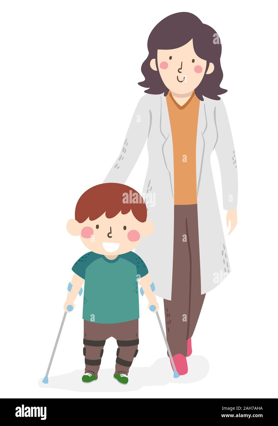 Niño con icono de muletas médicas. Dibujos animados de niño con