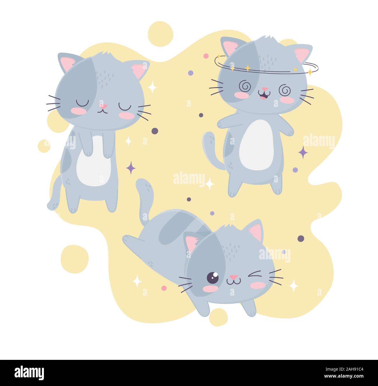 Kawaii Cute dibujos animados gatos grises expresiones conjunto ilustración  vectorial Imagen Vector de stock - Alamy