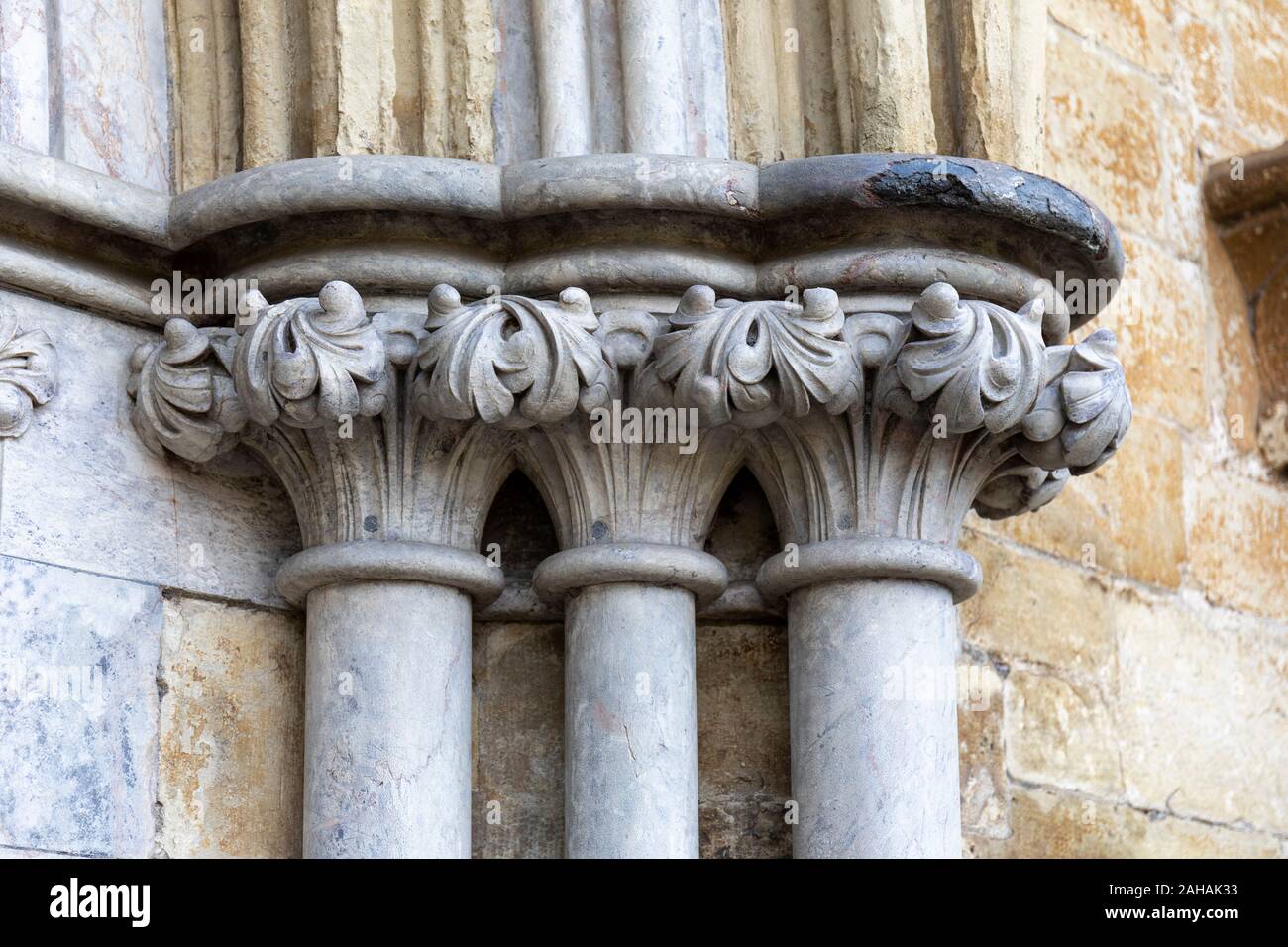 Tallado de piedra ornamentada en el exterior del frente oeste de la Catedral de Salisbury, Salisbury, Wiltshire, Inglaterra, Reino Unido Foto de stock