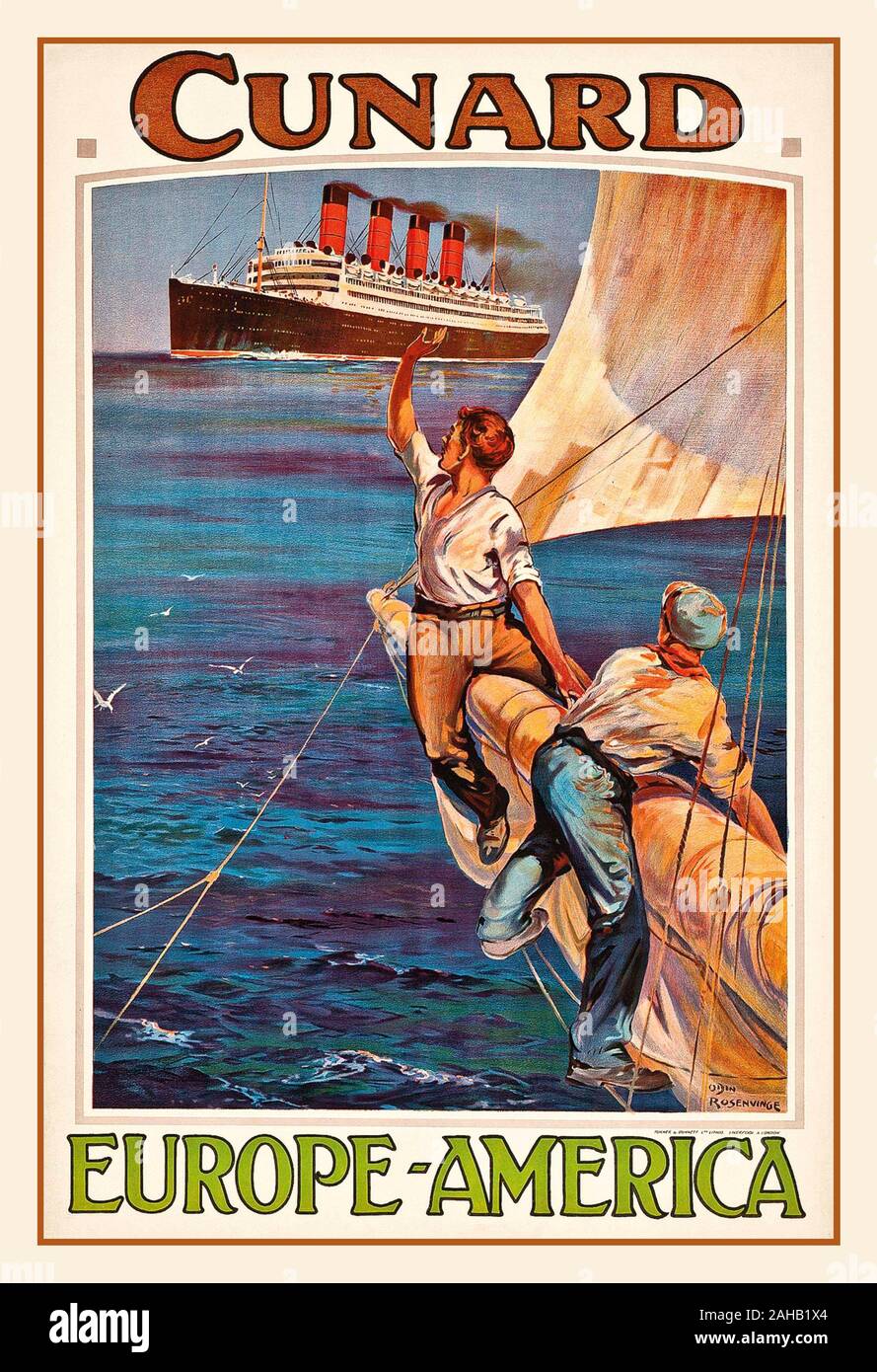Vintage 1920 Cunard vaporera Poster crucero Trasatlántico cuatro embudos 'Cunard, EUROPA-AMÉRICA" litografía en colores, c.1920, impreso por Turner y Dunnett Ltd., Londres, por el artista diseñador Rosenvinge Odin (1880-1957) Los hombres jóvenes marineros onda a Cunard Trasatlántico como furl sails en su barco de vela tradicional Foto de stock