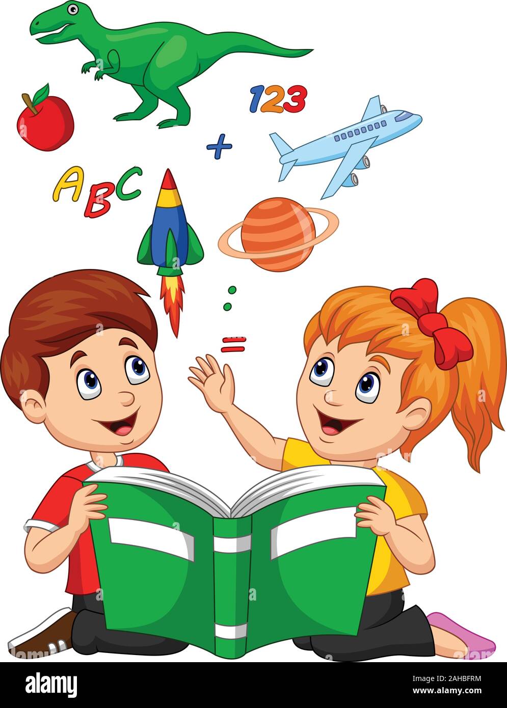 Libro de lectura para niños de dibujos animados con el concepto de  educación apple, Dinosaurio, el planeta Saturno, el transbordador espacial  y avión Imagen Vector de stock - Alamy