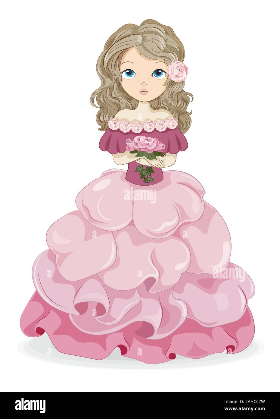 Rosa flor bella princesa en vestido rosado con bouquet. Imagen de dibujo a  mano alzada, del estilo de dibujos animados para la imprenta. t-shirt el  diseño de moda, el desgaste greetin Imagen