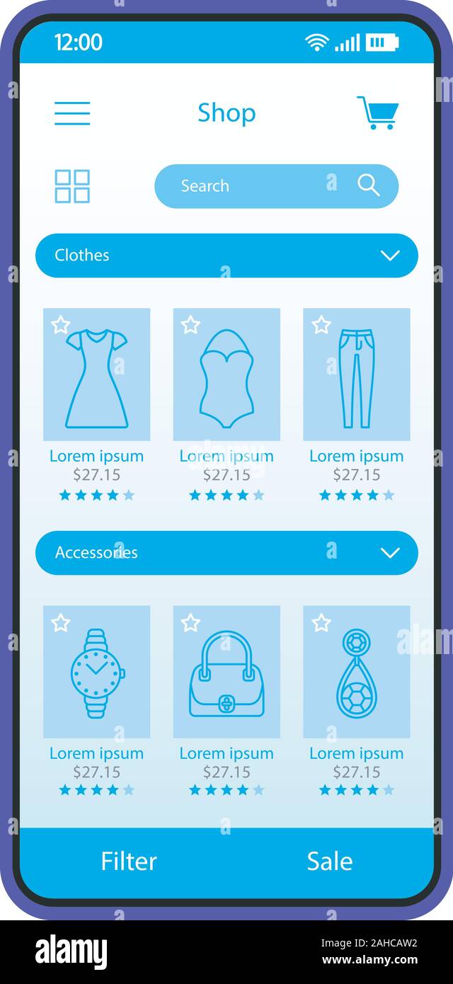 Tienda de moda interfaz smartphone plantilla vectorial. Ropa tienda de Mobile App diseño de página. Ropa y accesorios para mujeres si Imagen Vector de stock - Alamy