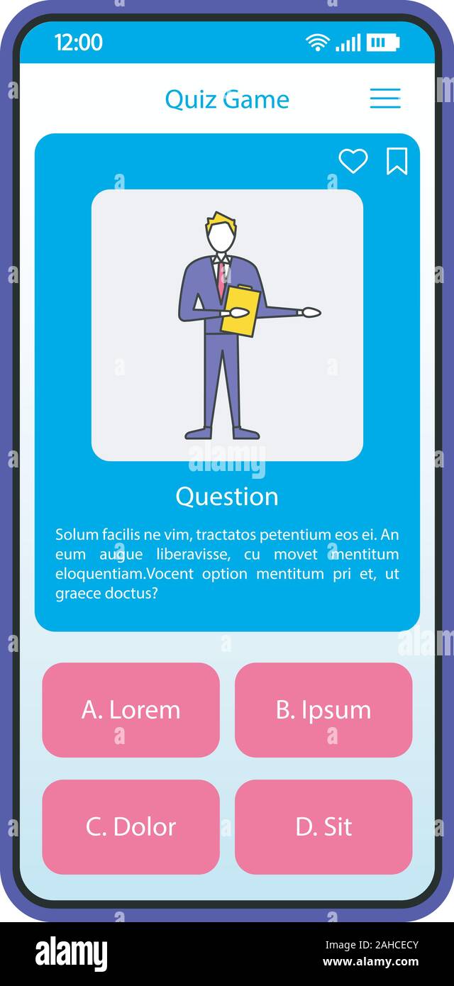 Juego de preguntas de la interfaz del smartphone app plantilla vectorial.  Página móvil de diseño azul. Concurso de la pantalla de la aplicación. Iu  plana. Intelectual Online pl Imagen Vector de stock 