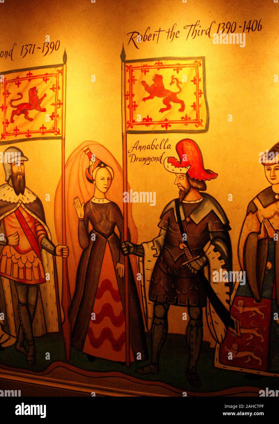 Pintura mural en el castillo de Edimburgo representando el liderazgo escocés timeline Foto de stock