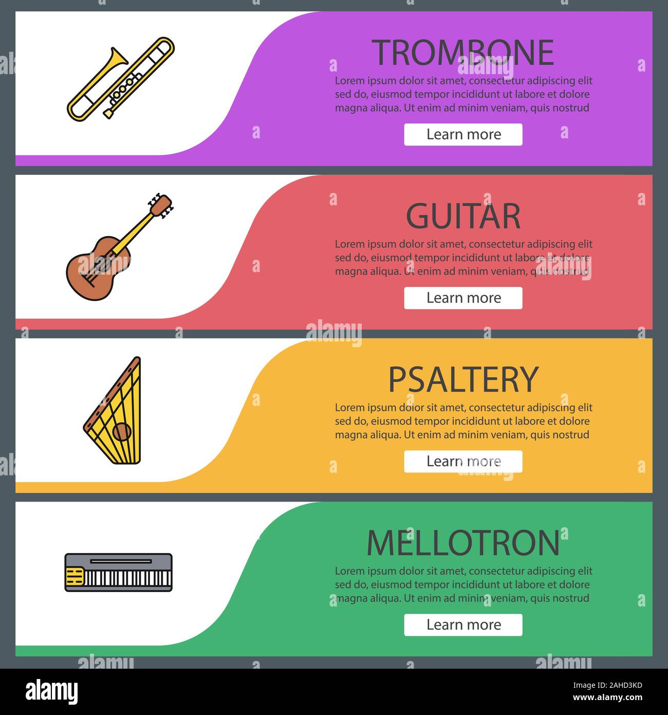 Instrumentos musicales banner web plantillas configuradas. Sitio web