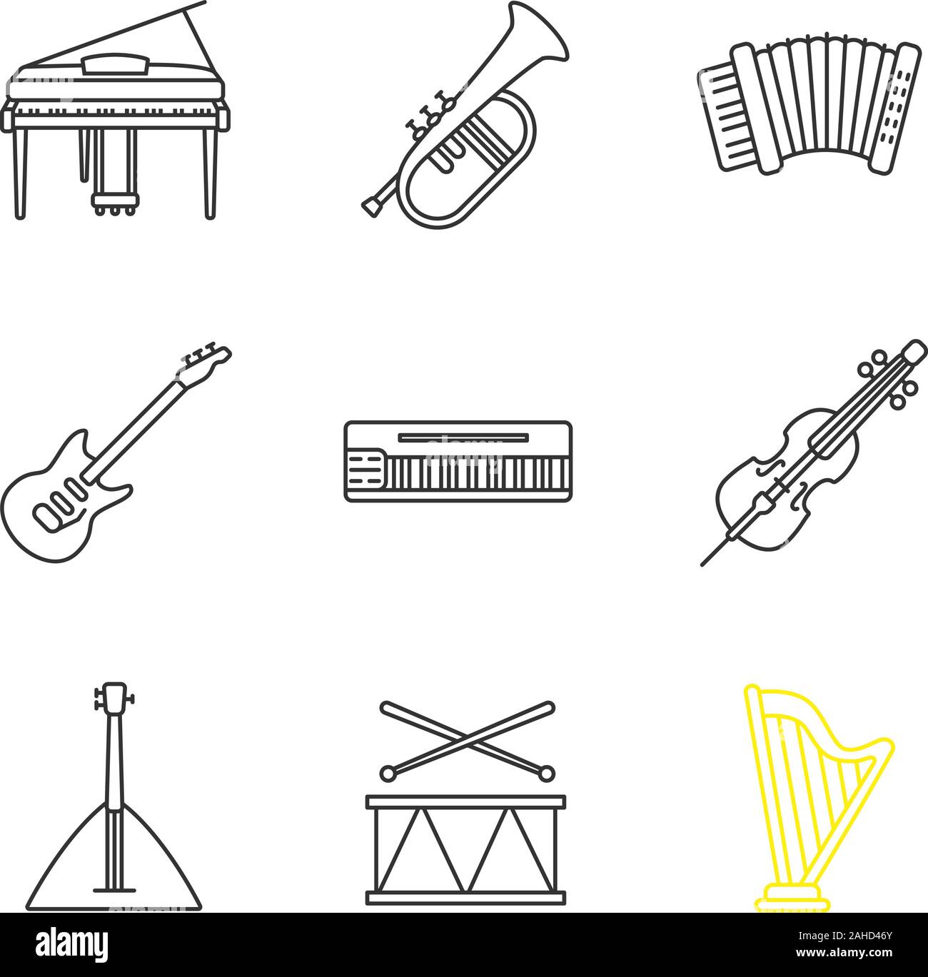 Instrumentos musicales lineal conjunto de iconos. Fliscorno, piano,  acordeón, guitarra, Mellotron, cello, balalaika, el tambor, el arpa.  Símbolos de contorno de línea fina. Isolat Imagen Vector de stock - Alamy