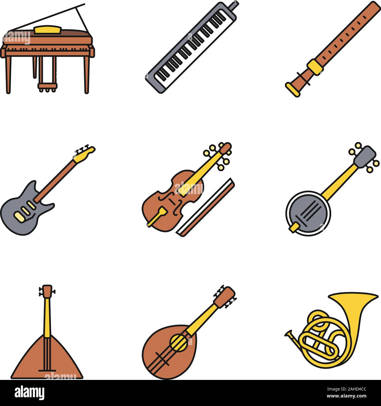 Instrumentos musicales los iconos de colores. Melódica, duduk, piano,  guitarra eléctrica, la viola, el banjo, balalaika, la mandolina, la trompa.  Vector aislados illustra Imagen Vector de stock - Alamy