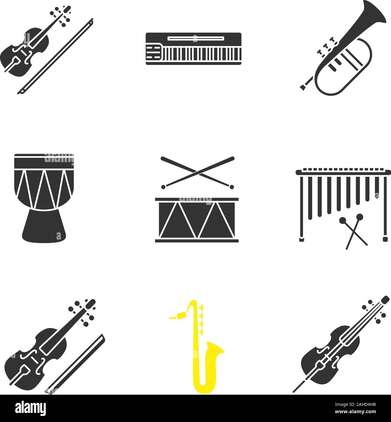 Instrumentos musicales los iconos de glifos. Violín, Mellotron, flugelhorn,  kendang, tambor, marimba, viola, violonchelo, saxofón. Silueta de símbolos.  Vector Imagen Vector de stock - Alamy