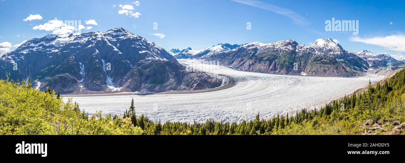 Panorámica del glaciar de salmón y una cadena de picos de montañas cubiertos de nieve, Alaska Foto de stock