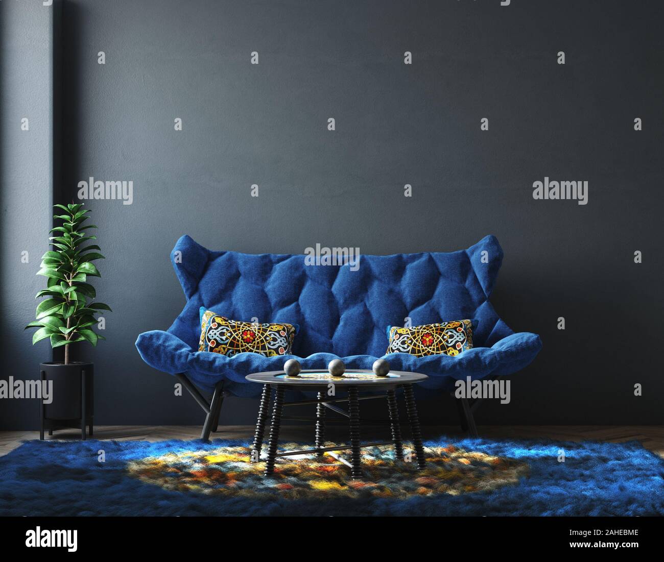 Interior moderno con muebles de color azul, color azul clásico del año 2020,  3D Render Fotografía de stock - Alamy