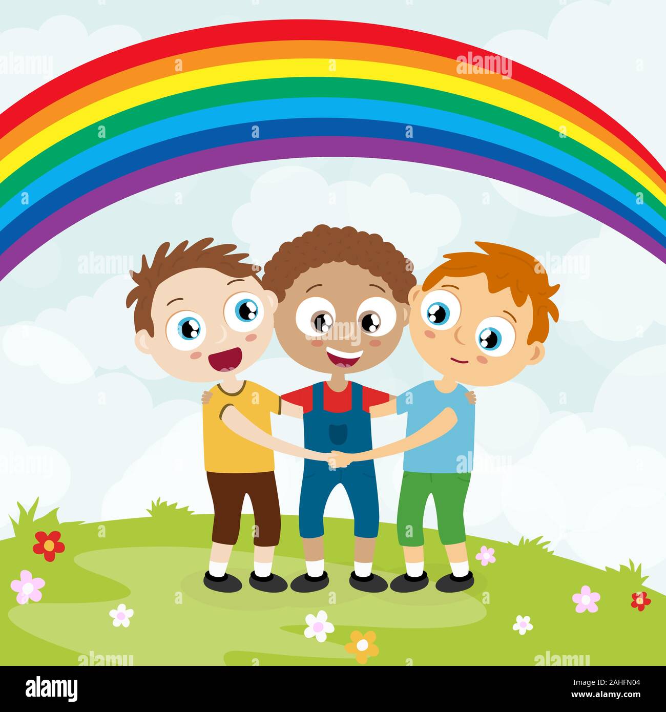 EPS10 archivo vectorial mostrando felices muchachos con diferentes colores de piel, riendo, abrazo a cada uno de otros y divertirse juntos con antecedentes de verano y rai Ilustración del Vector