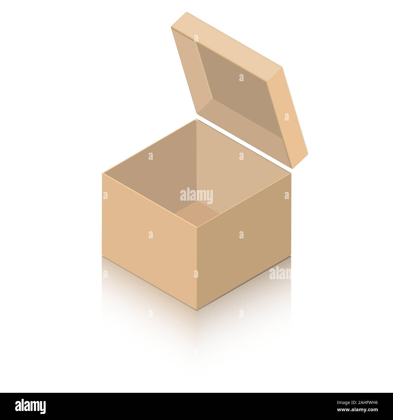 Diseño de una caja de cartón en miniatura con apertura de tapa con  bisagras. Objeto sobre un fondo blanco con un espejo sombra para iconos,  publicidad, contenido web Imagen Vector de stock -
